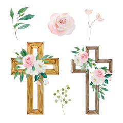 Watercolor crosses decorated with flowers, Easter religious symbo