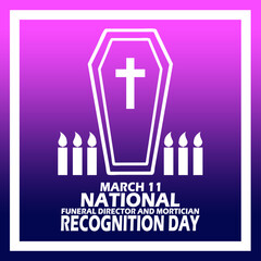 Coffin icon with a cross, candles and bold text in frame on gradient background to commemorate National Funeral Director and Mortician Recognition Day on March 11