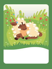 Vector illustration of a sheep on a green meadow. It can be used as a playing card, for the development and education of children.