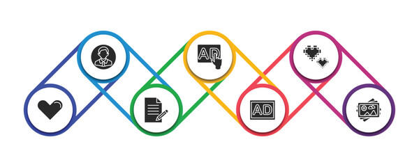 social media marketing filled icons with infographic template. glyph icons such as user avatar, ads, pixelated, , suggestion, ad, photos vector.