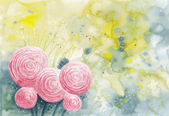 Softness floral landscape. Pink Ranunculus flowers on textured spotted green and yellow background. Artistic spring or summer background. Watercolor painting on textured paper. - 575269257