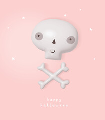 Cute Hand Drawn Halloween Card with White Skeleton Head, Bones, White Stars and Handwritten 