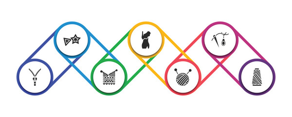 sew filled icons with infographic template. glyph icons such as sewing marker, styling, threading, slide fastener, handloom, ball of wool, spool of thread vector.