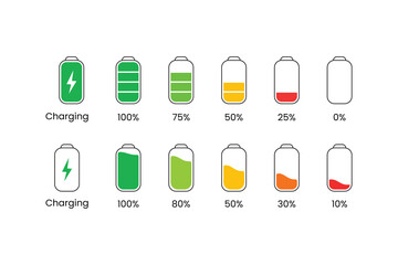 Different types of battery with different colors including 100  and 75 present Battery power