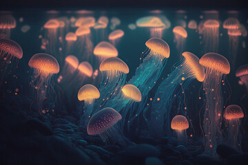 Bioluminescent Jellyfish, underwater habitat. Digital painting. Generative Ai.