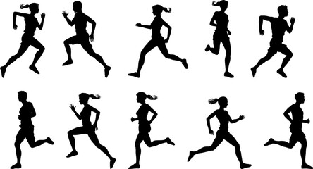 Runner silhouette set of sprinters, runners and joggers running track or jogging. People silhouettes in outline. Women and men, male and female athletes racing. - obrazy, fototapety, plakaty