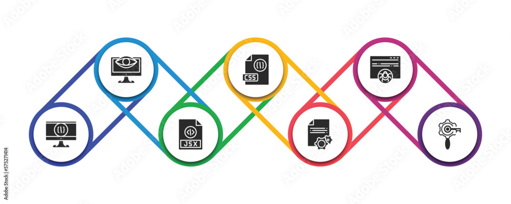 Poster programming filled icons with infographic template. glyph icons such as seo monitoring, css file for