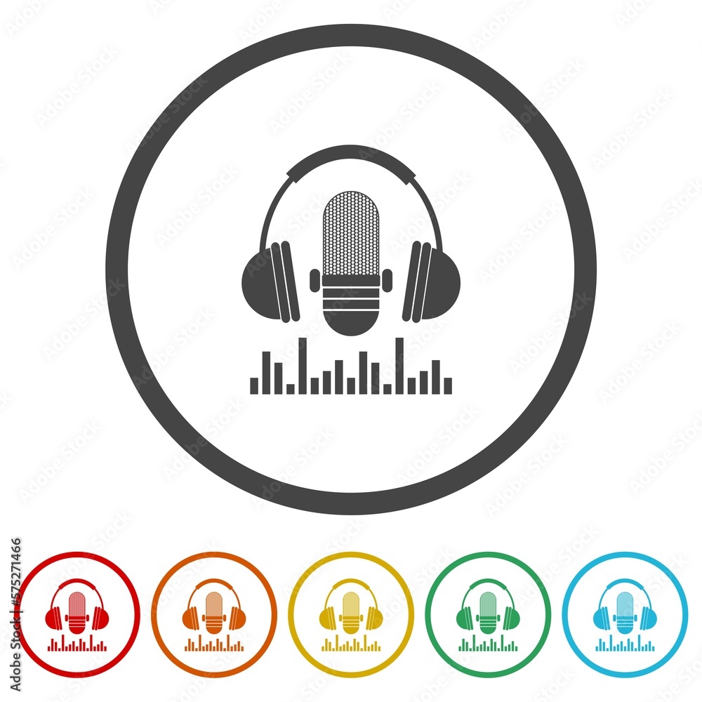 Poster headphones, microphone and sound wave icons in color circle buttons