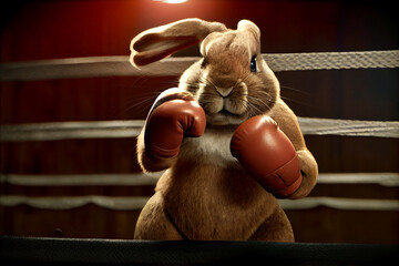 Athletic rabbit in boxing gloves. AI generated. - obrazy, fototapety, plakaty