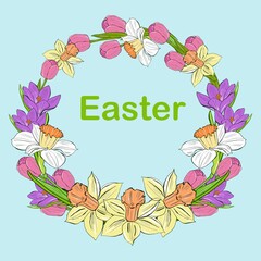 Easter wreath, spring flowers arrangement. Flowers background for invitation and greeting card.