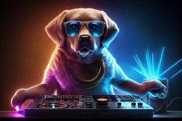 Cool dog dj works at the dj console. AI generated.