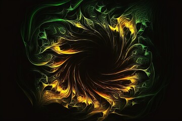 Fiery green yellow fire flame swirls on dark background. Magic flames digital art.
