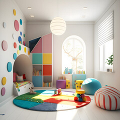 Bright and cozy modern playroom interior with multi color furniture and decoration room on empty white or white wall background, Ai generated

