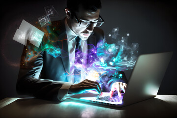 A businessman office worker on a black background with glowing amazing swirls and patterns of neon like light coming out of his laptop, futuristic holographic display, fantasy illustration of data