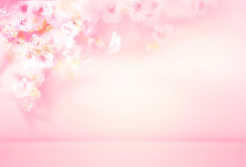 Fototapeta na wymiar Spring summer blurred light pink background with shadow of the flowers and leaves of blossom tree on a wall. Abstract Spring Summer scene for product presentation.