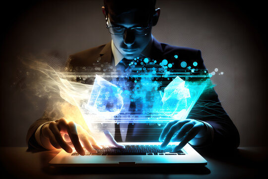 A businessman office worker on a black background with glowing amazing swirls and patterns of neon like light coming out of his laptop, futuristic holographic display, fantasy illustration of data