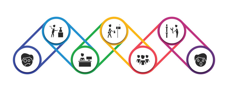people filled icons with infographic template. glyph icons such as sculptor working, postman working, plumber working, confused smile, assembler, team work success, surprised smile vector.