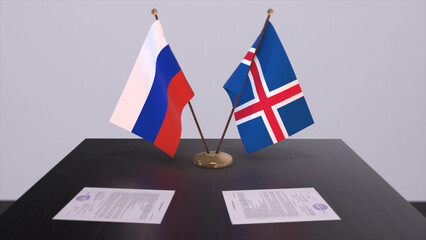 Iceland and Russia national flag, business meeting or diplomacy deal. Politics agreement 3D illustration