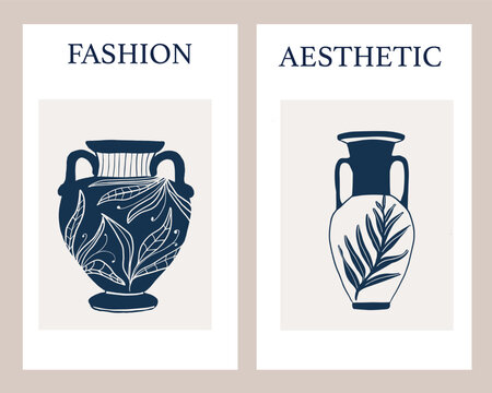 Antique pottery and amphora stylish hand drawing with botanical decoration. Greek old pot for sticker, card, pinter, wall art, poster, decor, interior, t-shirt, logo. Vector