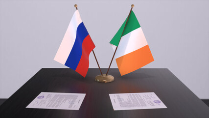 Ireland and Russia national flag, business meeting or diplomacy deal. Politics agreement 3D illustration