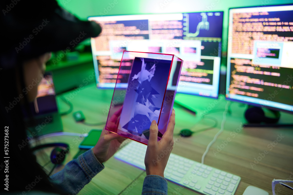Poster Game, developer and coding person with metaverse character development and programming futuristic technology. Computer, screen and hands of data creative or creator in the digital web or internet