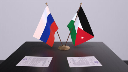Jordan and Russia national flag, business meeting or diplomacy deal. Politics agreement 3D illustration