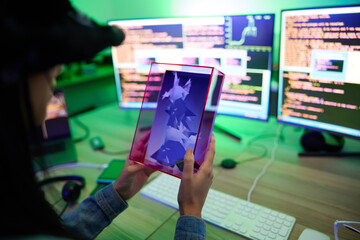 Game, developer and coding person with metaverse character development and programming futuristic...