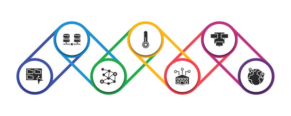 networking filled icons with infographic template. glyph icons such as balancing data, low temperature, continuous line, group selection, distribute, school network, localization vector.