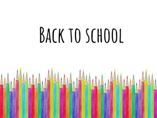 Watercolor school supplies background with colorful pen. Back to school watercolor background with backpack, pen, pencil, rubber, books.