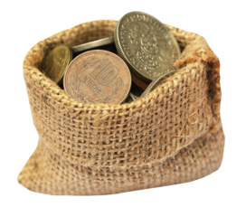 Old coins in sack bag