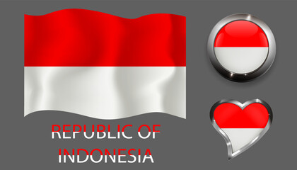 set nation Indonesia flag glossy button heart