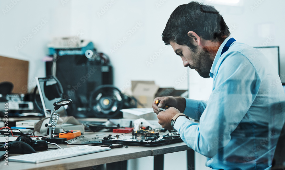 Poster Information technology, motherboard hardware circuit and man repair computer, electronics or semiconductor. CPU system maintenance, service industry profile and IT worker fixing microchip in tech lab