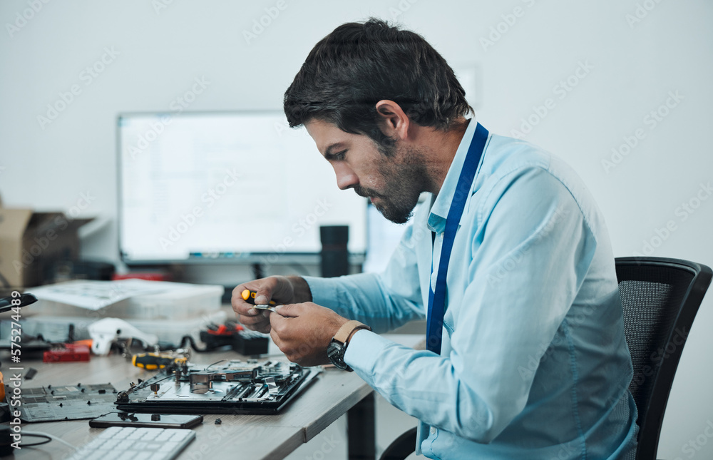 Poster man, circuit and tools at repair workshop for maintenance, computer tech or industry with focus. tec
