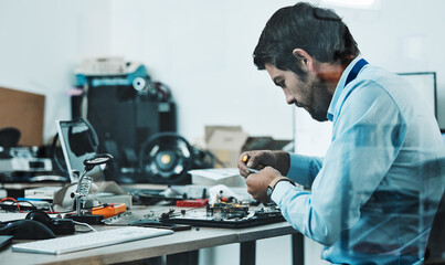 Information technology, motherboard hardware circuit and man repair computer, electronics or semiconductor. CPU system maintenance, service industry profile and IT worker fixing microchip in tech lab