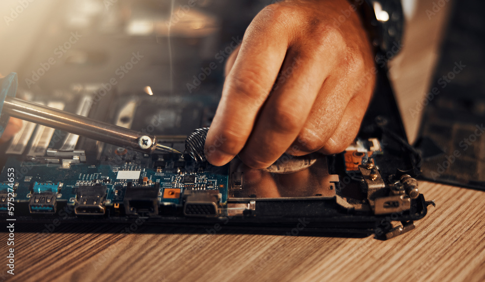 Aufkleber information technology hands, circuit soldering and man repair motherboard hardware, electronics or 