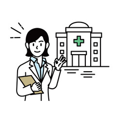 Cartoon illustration depicting a female doctor explaining and briefing on health and medical services against the backdrop of a hospital