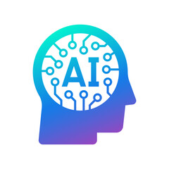 Human head tech icon, AI chip technological brain, Artificial intelligence, Simple flat design symbol, Isolated on white background, Vector illustration
