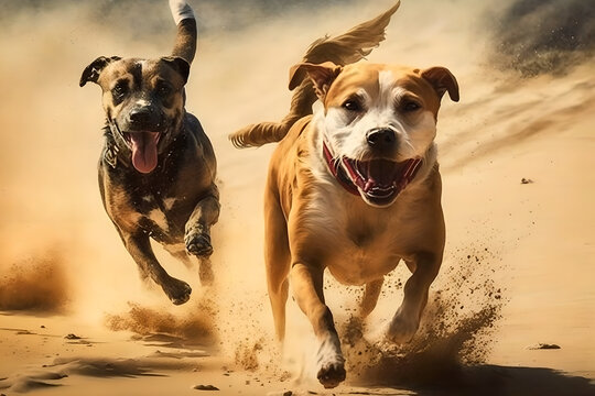 A bunch of beautiful blissfully happy dogs running along the sane and the water on the beach shore on a spring or summer sunny day. all breeds.