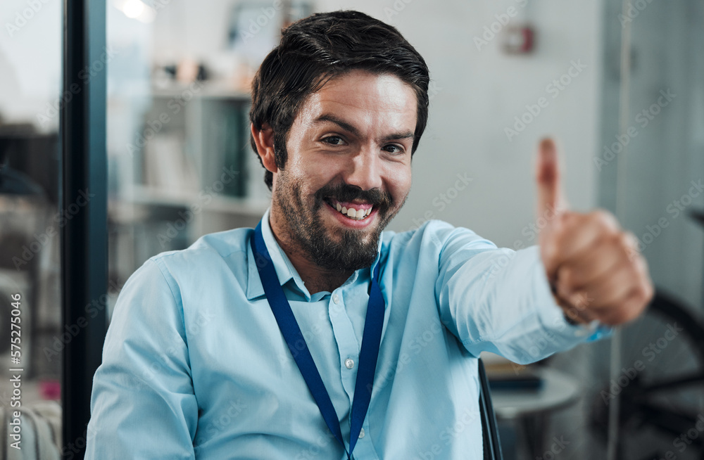 Poster Man, it or programmer thumbs up for computer fix success, engineering service vote or workshop goals. Smile, happy or CPU technician with thumb, yes or target achievement in information technology