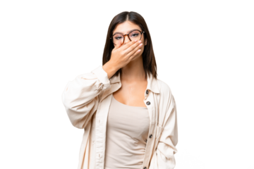 Young Russian woman over isolated chroma key background covering mouth with hand