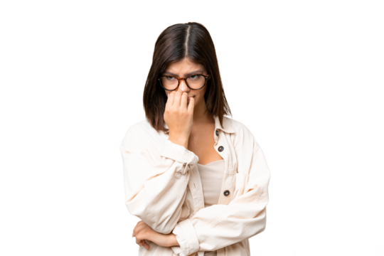 Young Russian woman over isolated chroma key background having doubts