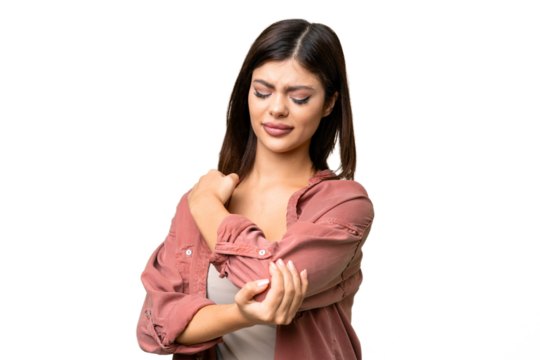 Young Russian woman over isolated chroma key background with pain in elbow