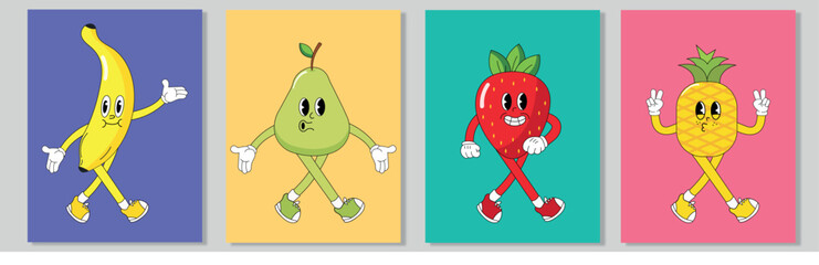 Banana, pear, strawberry, pineapple. Cute groovy cartoon characters with hands, legs, eyes. Bright comic style. Hand drawn. Vector illustration