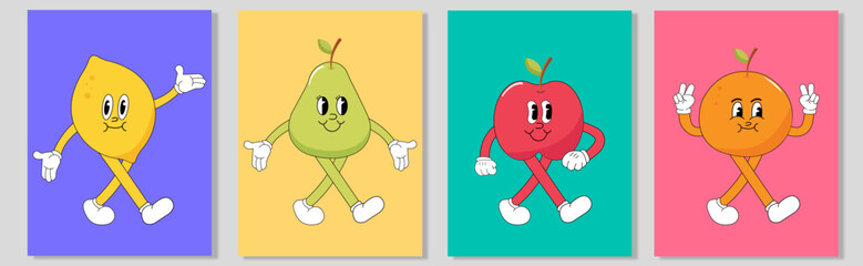Lemon, pear, apple, orange. Cute groovy cartoon characters with hands, legs, eyes. Bright comic style. Hand drawn. Vector illustration	
