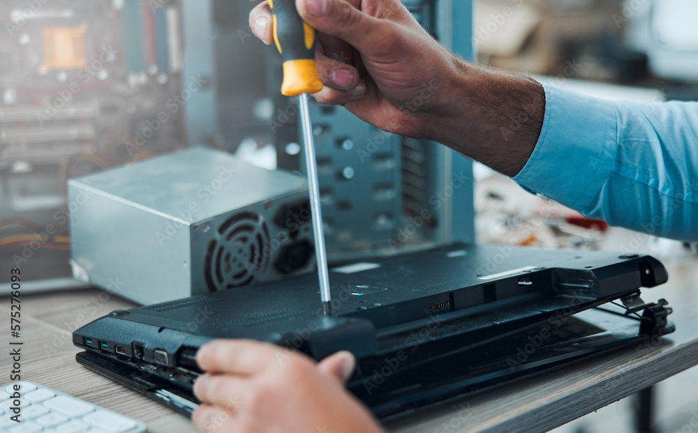 Poster Laptop, technician and IT repair with screwdriver for computer hardware maintenance. Hands of tech support or electrician person with tools to upgrade information technology problem and programming