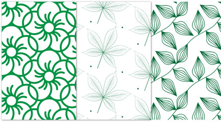Fototapeta premium set of minimalistic seamless pattern with flowers and leaves in green color 