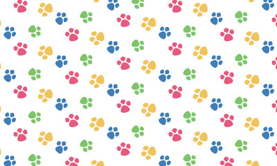Fototapeta na wymiar Fun colorful paw foot trail print seamless pattern. Creative minimalist style art background for children or trendy design with basic shapes. Simple childish scribble backdrop.