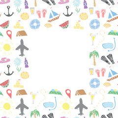 Summer seamless frame. travel background. Travel vacation set of icons, journey and trip background. Doodle summer travel icons. Vacation vector frame with travel icons