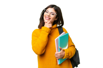 Young student woman over isolated chroma key background happy and smiling