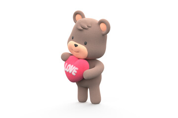 Teddy bear holding a heart with the word love written on it. 3D Render.